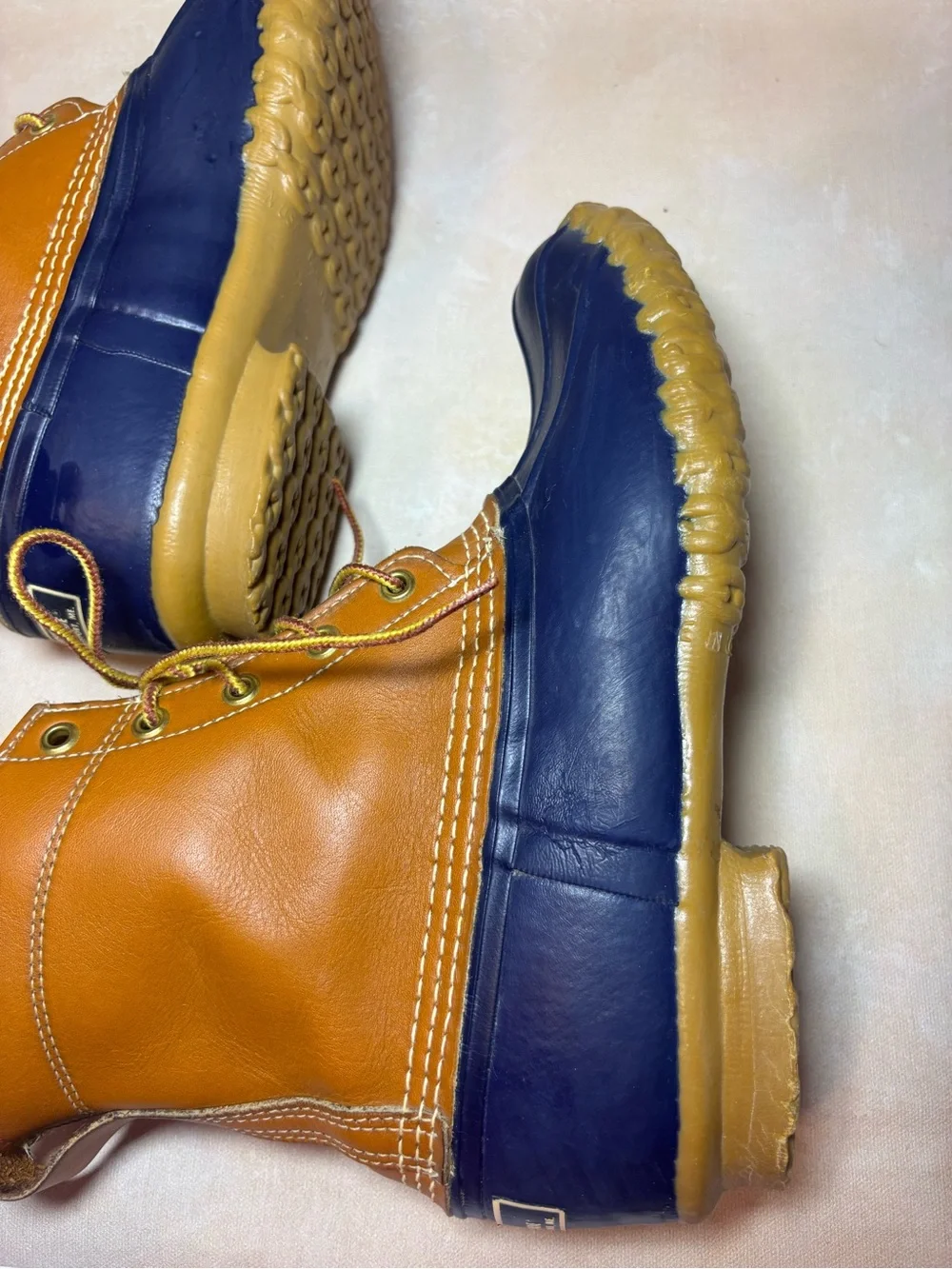 L.L. Bean Women’s Bean Boots, Tan Leather & Navy, waterproof hunting, 9 LM